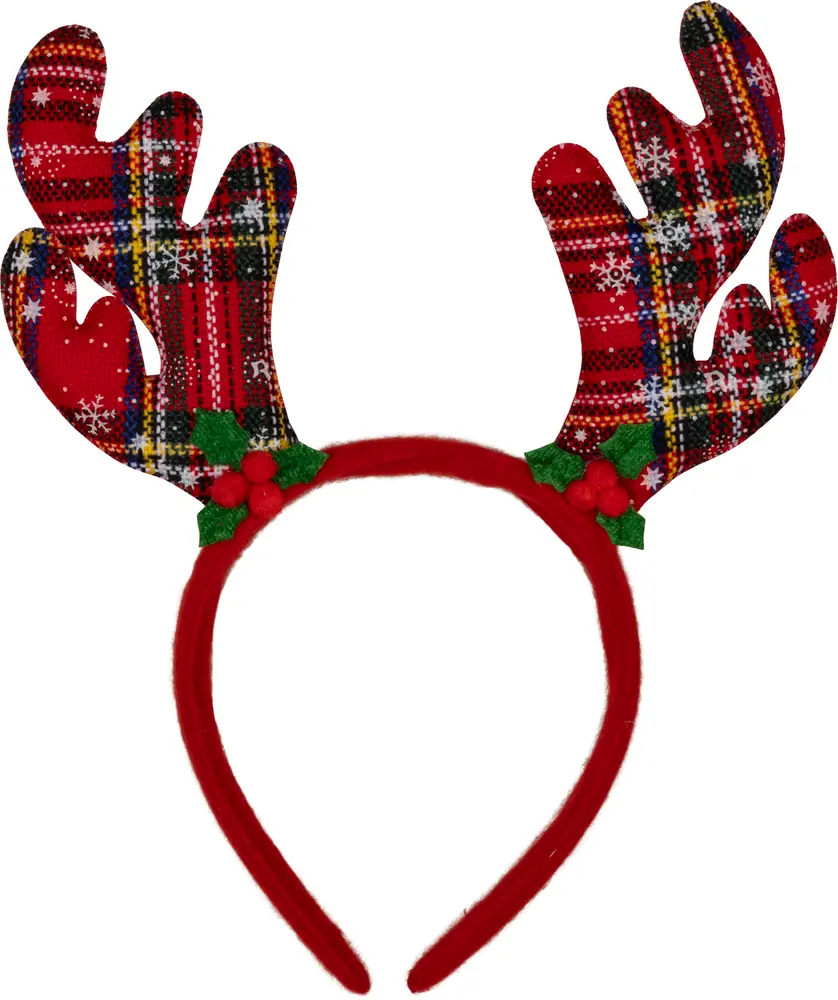 Rött hårband med rutiga renhorn, dekorerat med gröna järneksblad och röda bär. Festlig design för julfirande, tillverkat i mjukt tyg för bekväm användning.