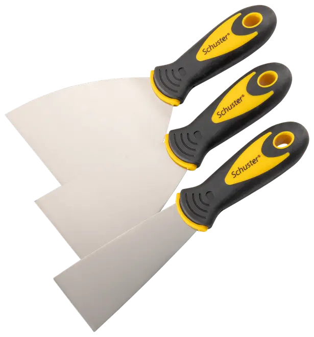 Sæt med tre spartler med rustfri stålblade og ergonomiske sorte og gule håndtag, ideelle til spartling, skrabning og reparation i forskellige størrelser.