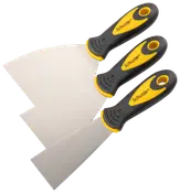 Sæt med tre spartler med rustfri stålblade og ergonomiske sorte og gule håndtag, ideelle til spartling, skrabning og reparation i forskellige størrelser.