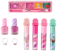 Børnemakeupsæt med farverig øjenskyggepalette, to neglelakker, fire lipgloss og to ringe, alle med sjove slik- og dessertmotiver på emballagen.