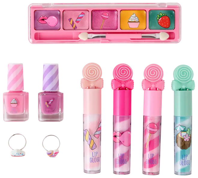 Børnemakeupsæt med farverig øjenskyggepalette, to neglelakker, fire lipgloss og to ringe, alle med sjove slik- og dessertmotiver på emballagen.