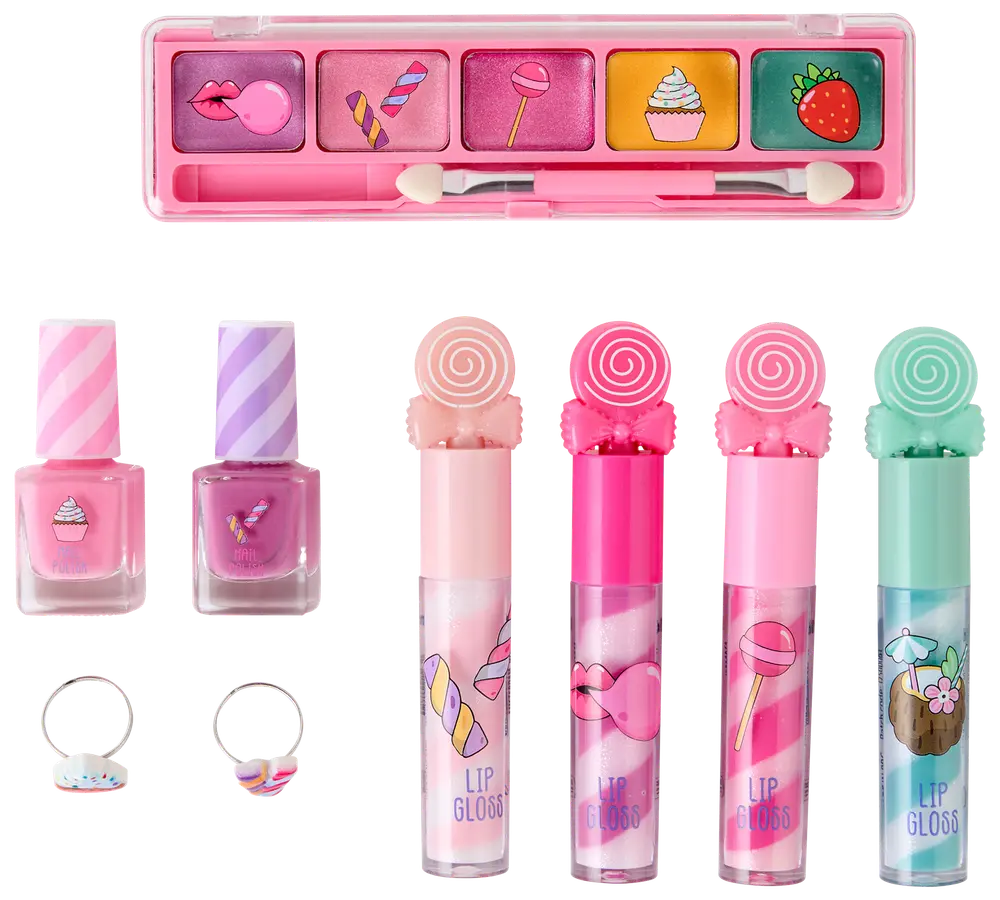 Børnemakeupsæt med farverig øjenskyggepalette, to neglelakker, fire lipgloss og to ringe, alle med sjove slik- og dessertmotiver på emballagen.