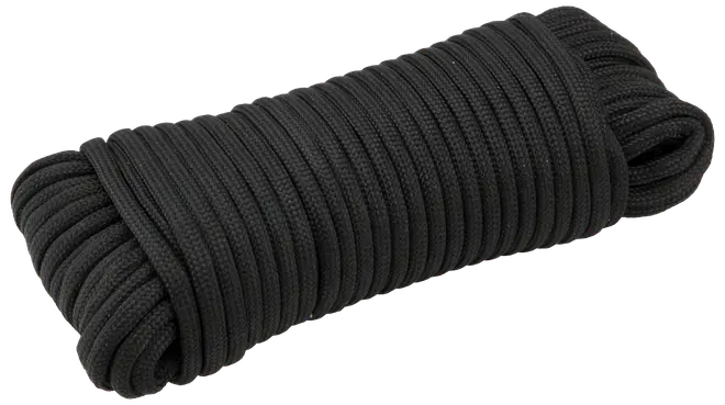 Sort paracord-reb, tæt oprullet, lavet af slidstærkt nylonmateriale. Velegnet til udendørs, overlevelse eller hobbybrug. Cirka 15 meter langt og 4 mm i diameter.