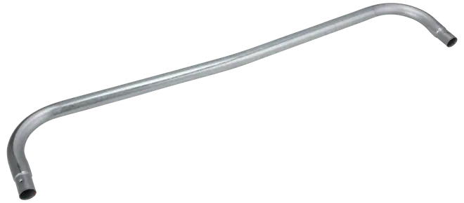 Lang, buet metalrør med åbne ender og sølvfinish. Velegnet til VVS eller industri, bruges til at forbinde eller lede væskestrøm i systemer.