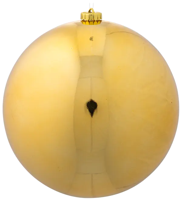Skinnende guldfarvet julekugle med glat, reflekterende overflade og lille guldtop til ophæng. Elegant og enkel dekoration til juletræet.