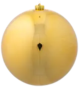 Skinnende guldfarvet julekugle med glat, reflekterende overflade og lille guldtop til ophæng. Elegant og enkel dekoration til juletræet.