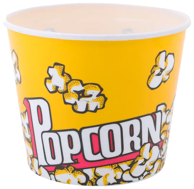 Stor gul popcornspand med tydelig hvid "Popcorn" tekst og tegneserie-popcornillustrationer. Fremstillet af plastik, perfekt til film eller fester.