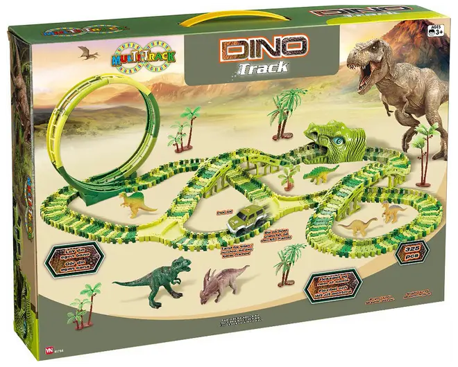 Dinosaur-tema legebane med grønne og gule fleksible spor, loop, bro, dinosaurfigurer, jeepbil, palmer og 325 dele. Velegnet til børn fra 3 år.