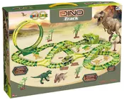 Dinosaur-tema legebane med grønne og gule fleksible spor, loop, bro, dinosaurfigurer, jeepbil, palmer og 325 dele. Velegnet til børn fra 3 år.