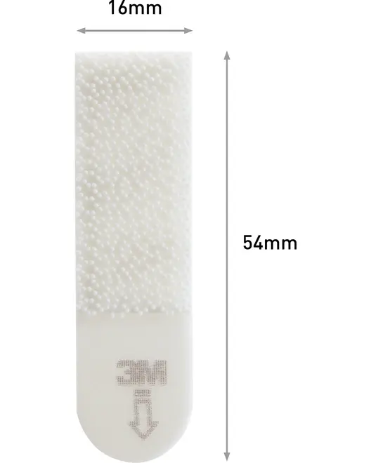 Vit rektangulär självhäftande remsa, 54 mm lång och 16 mm bred, med texturerad yta och rundad ände. 3M-logotyp och pil på den släta delen.