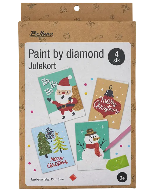 Paint by diamond julkortset, innehåller 4 kort med motiv: tomte, snögubbe, gran och "Merry Christmas" text. Passar från 3 år.