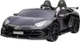 Sort Lamborghini Aventador SV elbil til børn, med to sæder, detaljeret interiør, realistiske forlygter, rat og sporty design. Velegnet til børn, batteridrevet.