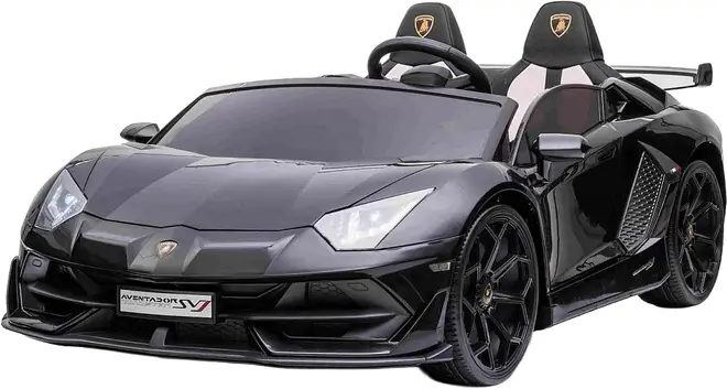 Sort Lamborghini Aventador SV elbil til børn, med to sæder, detaljeret interiør, realistiske forlygter, rat og sporty design. Velegnet til børn, batteridrevet.