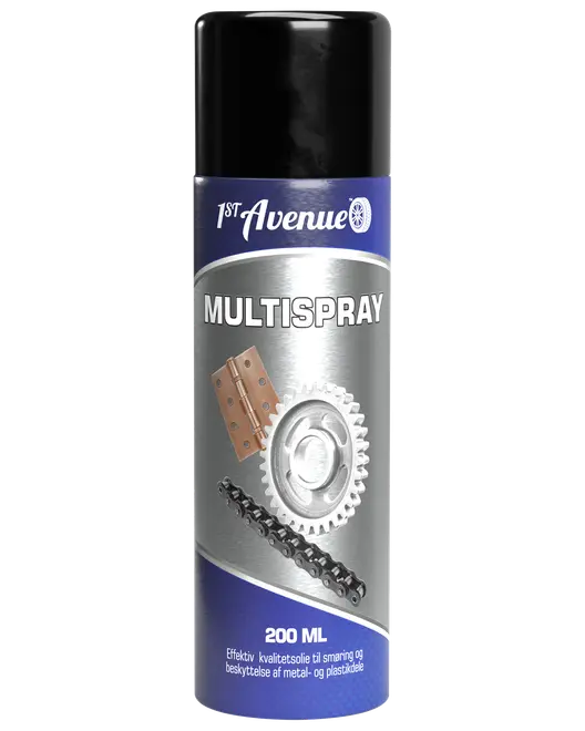 200 ml dåse 1st Avenue Multispray smøreolie, egnet til metal- og plastoverflader. Viser billeder af hængsel, tandhjul og kæde, hvilket indikerer alsidig beskyttelse og smøring.