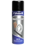 200 ml burk 1st Avenue Multispray smörjolja, lämplig för metall- och plastytor. Bilder av gångjärn, kugghjul och kedja visar mångsidig användning för skydd och smörjning.
