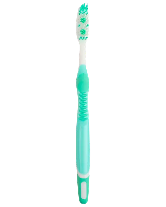 Mintgrøn og hvid tandbørste med mønstrede børstehår og ergonomisk, ტექstureret håndtag.