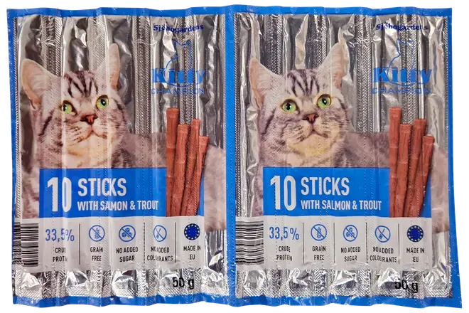 Pakke med 10 kattepinde med laks og ørred, 33,5% protein, kornfri, uden tilsat sukker eller farvestoffer, sølvfarvet emballage med kattebillede, 50g, lavet i EU.