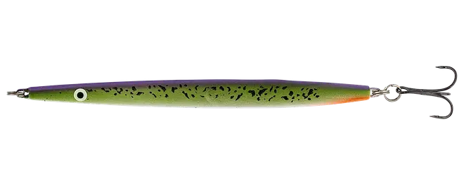 Slank fiskelokke i minnow-stil med grøn og lilla plettet krop, blank finish, øjendetalje foran og trekrog bagpå.