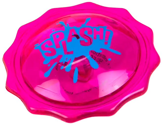 Klarrosa plastfrisbee med vågig kant, blå splash-grafik och texten 'SPLASH!' på ovansidan. Perfekt för utomhuslekar med vatten.