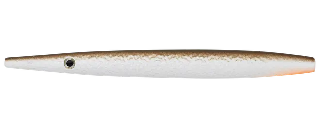 Lang, slank fiskelokke i hvid og sølv med brun ryg, sort øje og tilspidset krop.