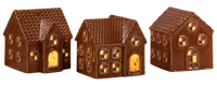 Set med tre mjölkchokladhus med detaljerade fönster och dörrar, texturerade tak och upplysta interiörer, perfekta som ätbara dekorationer eller presenter till högtider.