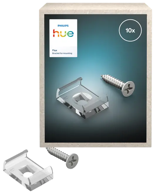 Philips Hue monteringsbeslagssæt, inkluderer 10 metalbeslag og skruer til sikker montering af lyslister. Sølvfinish, kompatibel med Hue-produkter, nem at montere.