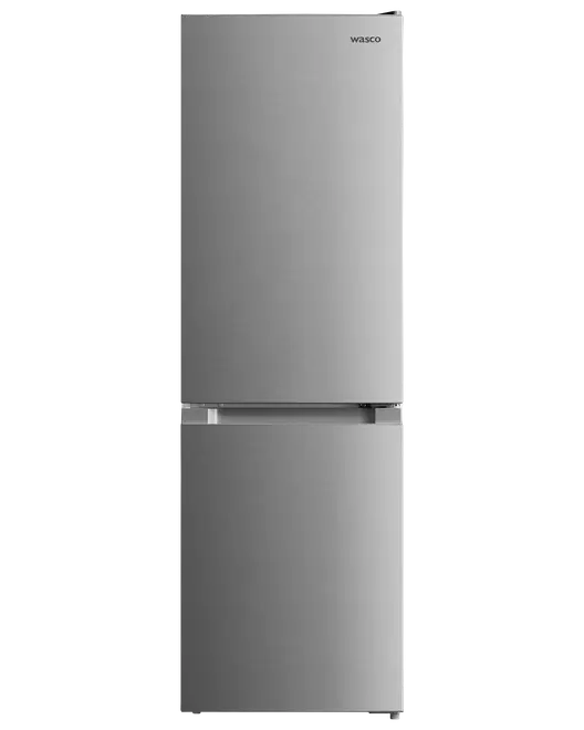 Wasco kylskåp med frysfack nedtill, stilren silverfinish, två dörrar, minimalistisk design, infällda handtag, energisnålt, rymligt inre för matförvaring.