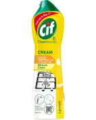 Gul og grøn Cif Cleanboost Cream citrongel rengøringsflaske med spids, mærket fjerner 100% af det hårdeste snavs og egnet til flere overflader.