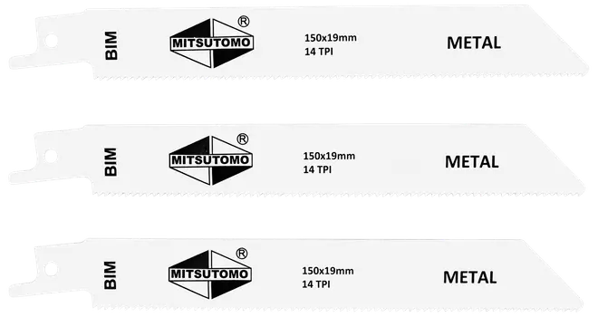 Tre Mitsutomo metallsågblad, 150x19mm, 14 TPI, BIM-material, vita, för kapning av metall, passar till tigersågar.
