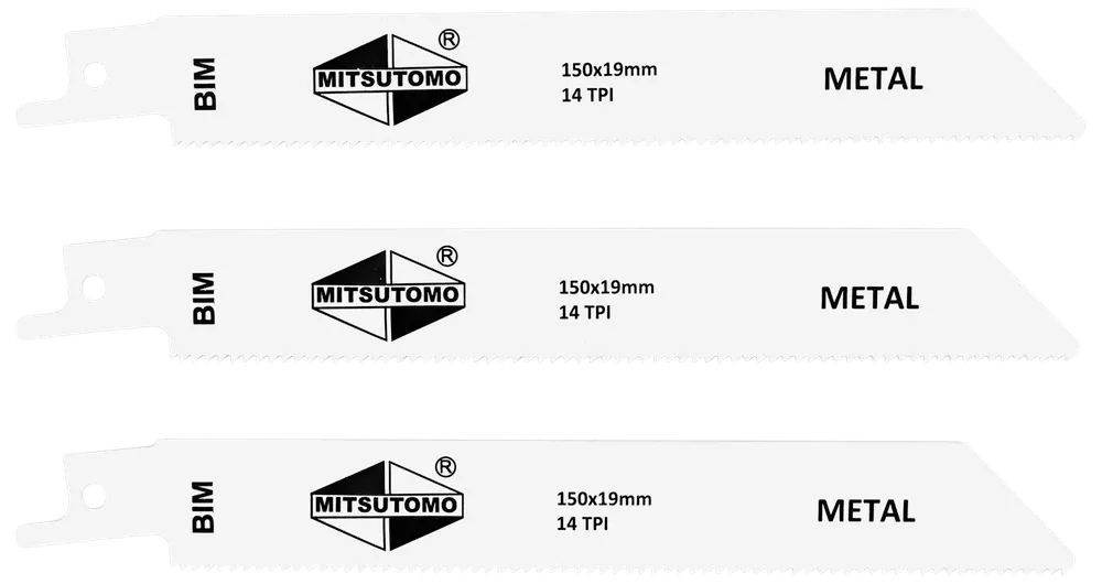 Sæt med tre Mitsutomo metalsavklinger, 150x19mm, 14 TPI, BIM-materiale, hvid farve, designet til metalskæring, passer til bajonetsave.