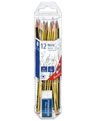 Gennemsigtig plastæske med 12 STAEDTLER Noris HB-grafitblyanter, gule og sorte striber, bonusemballage.