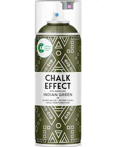 Spraydåse, farve Indian Green, ultra mat retro finish, geometrisk mønstret etiket, egnet til møbler, CO2-neutral produkt, gennemsigtig hætte med spraydyse.