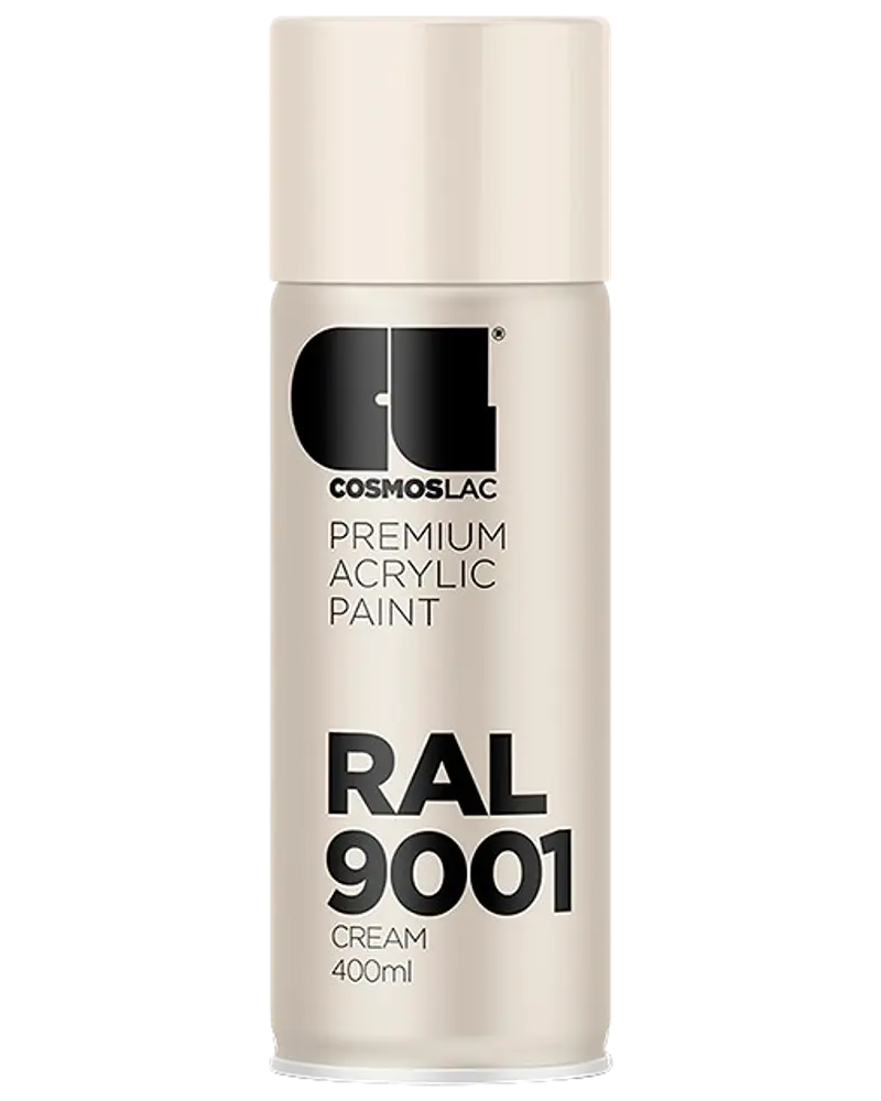 Cosmoslac RAL 9001 premium akryl spraymaling, cremefarve, 400 ml dåse. Velegnet til forskellige overflader, giver jævn dækning og holdbar finish. Nem aerosolpakning.