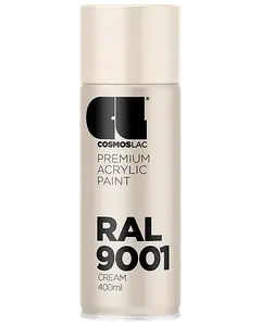 Cosmoslac RAL 9001 premium akryl spraymaling, cremefarve, 400 ml dåse. Velegnet til forskellige overflader, giver jævn dækning og holdbar finish. Nem aerosolpakning.