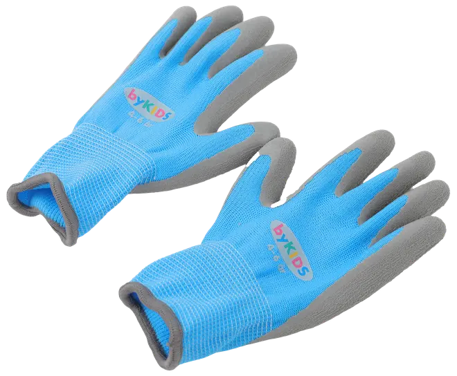 Blå barnträdgårdshandskar med grå gummibelagda handflator och fingrar, elastiska muddar och "byKIDS"-logotyp. Ger skydd och komfort vid utomhusaktiviteter.