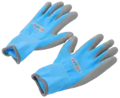 Blå barnträdgårdshandskar med grå gummibelagda handflator och fingrar, elastiska muddar och "byKIDS"-logotyp. Ger skydd och komfort vid utomhusaktiviteter.