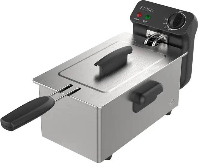 Frituregryde i rustfrit stål med sorte plastikhåndtag, aftageligt låg og justerbar temperaturknap. Har indikatorlys for strøm og klar. Kompakt, rektangulært design til bordbrug.