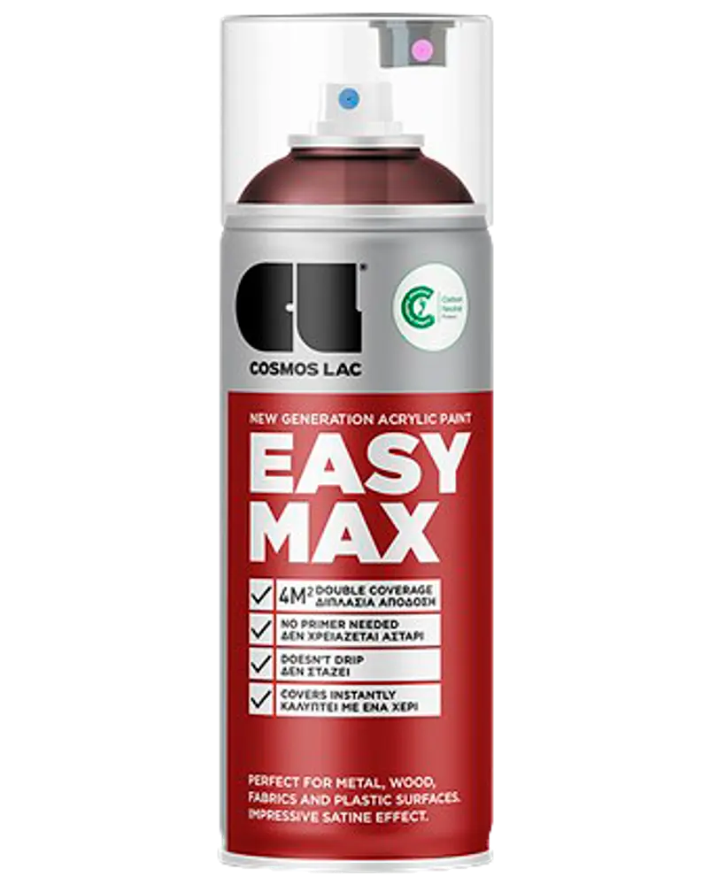 Cosmos Lac Easy Max akryl spraymaling, 400 ml dåse, egnet til metal, træ, stof og plast, giver dobbelt dækning, tørrer hurtigt og har satin finish.