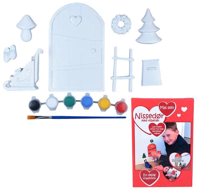 DIY nissedør sæt med tilbehør: udekoreret dør, stige, postkasse, træ, krans, svampe, trappe, fem farver maling, pensel og instruktionsæske. Perfekt til juledekoration.