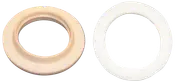 Två runda skumliknande ringar, en beige och en vit, med släta kanter och ihåliga mitten.