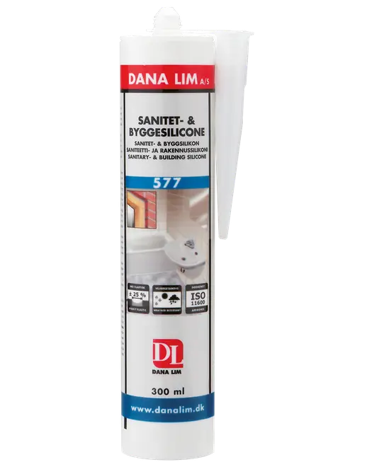 Hvid Dana Lim 577 sanitets- og byggesilikone patron, 300 ml, til tætning af badeværelser og byggesamlinger.