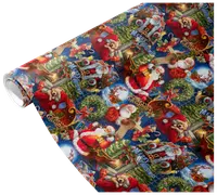 Farverigt julegavepapir med julemanden, festlige kranse, bamser og julescener. Indeholder teksten "Merry Christmas". Blank finish, ideel til indpakning af gaver i juletiden.