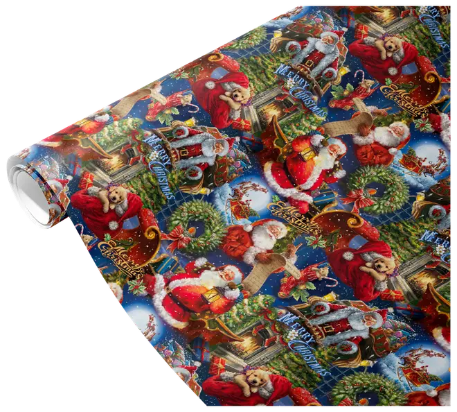 Färgglatt julklappspapper med jultomten, kransar, nallebjörnar och julmotiv. Texten "Merry Christmas" ingår. Blank yta, perfekt för inslagning av julklappar.