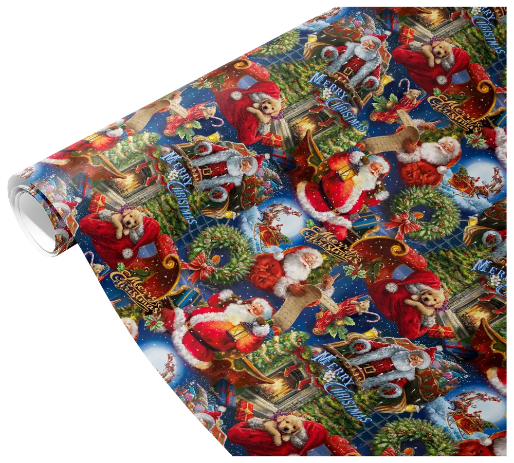 Farverigt julegavepapir med julemanden, festlige kranse, bamser og julescener. Indeholder teksten "Merry Christmas". Blank finish, ideel til indpakning af gaver i juletiden.