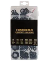 Sortimentslåda med 225 svarta gummi O-ringar i olika storlekar, organiserade i fack. Perfekt för tätning och reparation inom VVS, bil och maskiner.