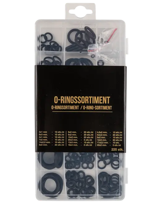 Sortimentsæske med 225 sorte gummi O-ringe i forskellige størrelser, organiseret i rum. Perfekt til tætning og reparation i VVS, bil og maskiner.