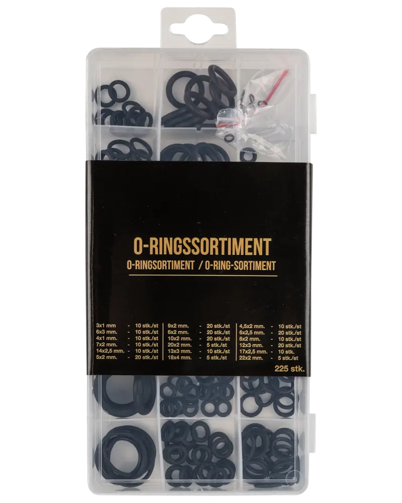 Sortimentslåda med 225 svarta gummi O-ringar i olika storlekar, organiserade i fack. Perfekt för tätning och reparation inom VVS, bil och maskiner.
