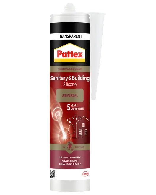 Transparent Pattex sanitet- og byggesilikone i patron, universel, UV-resistent, permanent fleksibel, med 5 års garanti.
