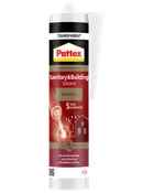Transparent Pattex sanitet- og byggesilikone i patron, universel, UV-resistent, permanent fleksibel, med 5 års garanti.