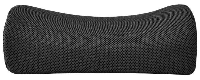 Ergonomisk sort lændestøttepude med åndbart netbetræk, konturformet for rygkomfort, velegnet til kontorstole, bilsæder eller hjemmebrug. Giver fast støtte og bedre holdning.